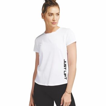 ATLIEST Women's Regular Fit Gym Printed T-Shirt. Made from breathable polyester, featuring a round neck, half sleeves, and bold Justlift print .